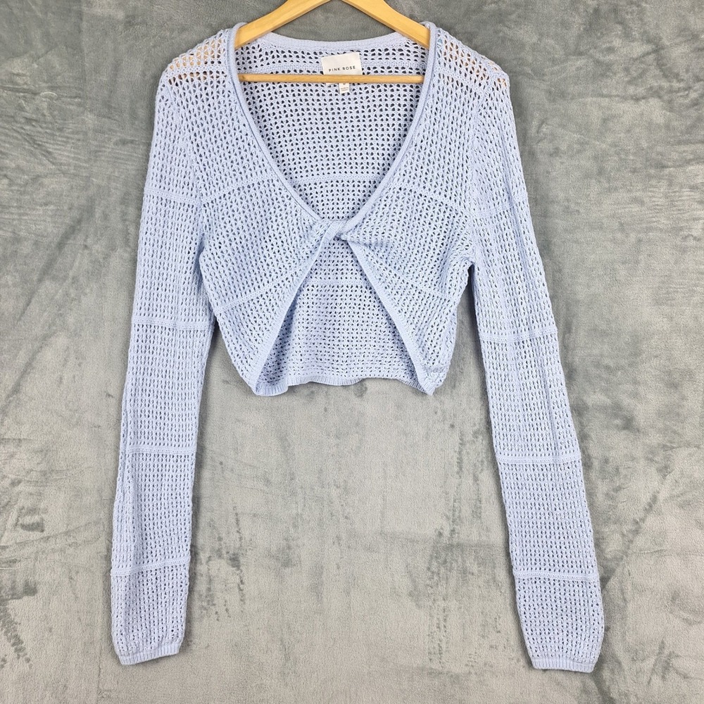 Womens Top Medium Blue Crochet Twist Front Bolero Shrug Open Knit Crop Boho Y2K